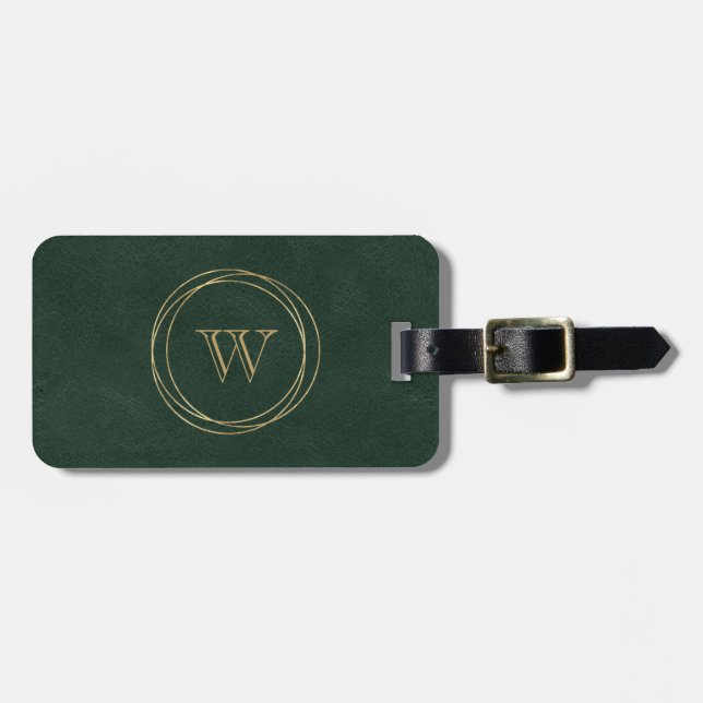 Dark Green Gold Circles Monogram Luggage Tag (Front Horizontal)