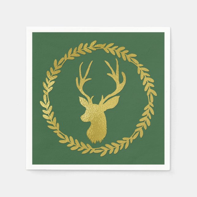 Dark Green Gold Deer Wreath Christmas Napkin (Front)