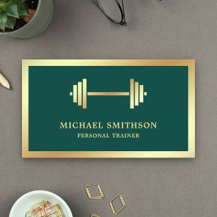 Dark Green Gold Dumbbell Fitness Personal Trainer Business Card