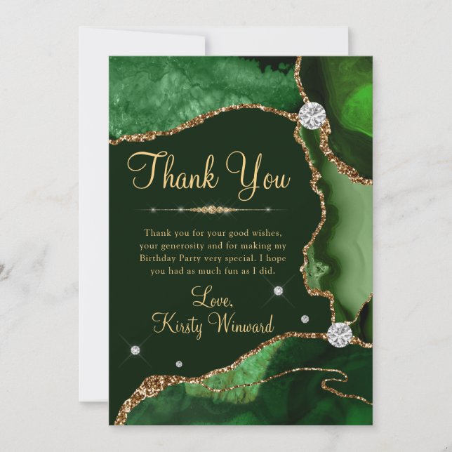 Dark Green & Gold Faux Glitter Agate Birthday Thank You Card (Front)