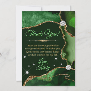 Dark Green & Gold Faux Glitter Agate Quinceañera Thank You Card