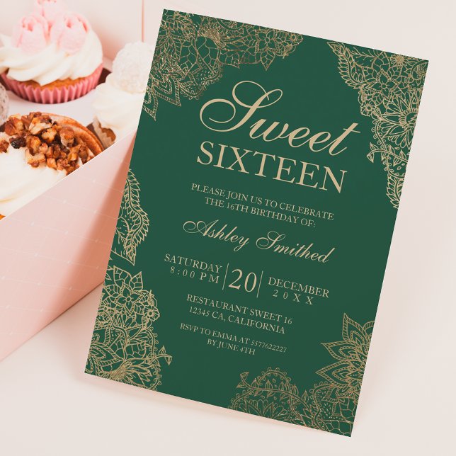 Dark green gold floral elegant Sweet sixteen Invitation (Creator Uploaded)