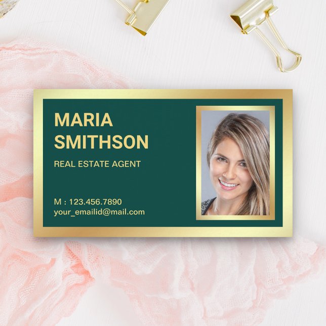 Dark Green Gold Foil Real Estate Realtor Photo Business Card (Creator Uploaded)