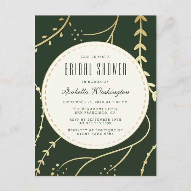 Dark Green & Gold Foliage Bridal Shower Invitation Postcard (Front)