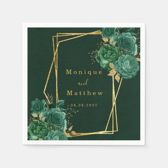 Dark Green Gold Geometric Floral Wedding Napkins (Front)