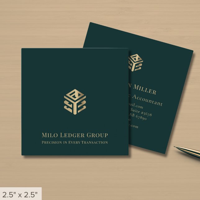 Dark Green Gold Geometric Logo Square Business Card (Creator Uploaded)
