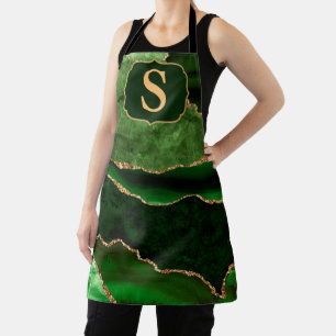 Dark Green & Gold Glitter Marble Agate Monogram Apron