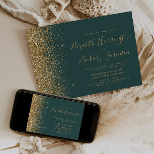 Dark Green Gold Glitter Wedding Invitation