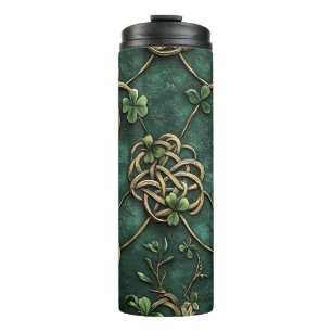 DARK GREEN & GOLD IRISH CELTIC KNOTS & SHAMROCKS THERMAL TUMBLER