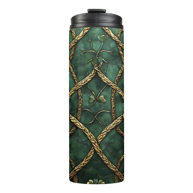 DARK GREEN & GOLD IRISH CELTIC KNOTS & SHAMROCKS THERMAL TUMBLER (Front)