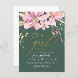 Dark Green & Gold It's A Girl Floral Baby Shower Invitation Postcard