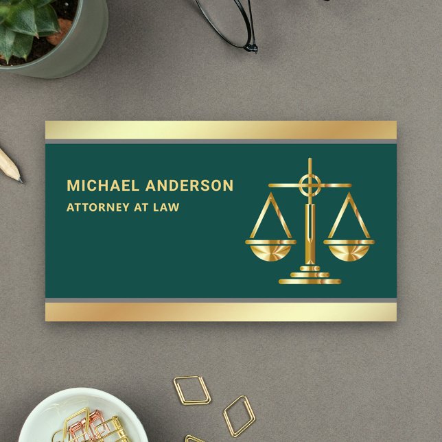 Dark Green Gold Justice Scale Lawyer Attorney Business Card (Creator Uploaded)