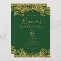 Dark Green & Gold Lace Elegant Quinceañera Party