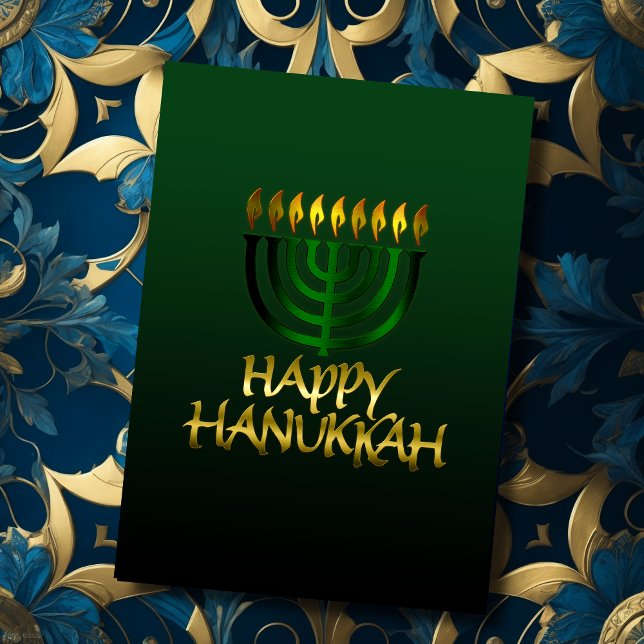 Dark Green Gold Menorah Flames Happy Hanukkah Card (Creator Uploaded)