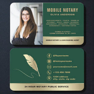 Dark Green Gold Mobile Notary Signing Agent Photo  Business Card