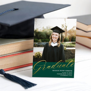 Dark Green Gold Modern Script Graduation Photo Announcement