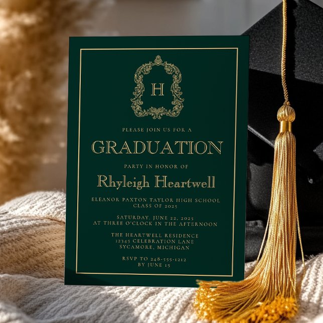 Dark Green Gold Monogram Crest Graduation Party Invitation (Creator Uploaded)