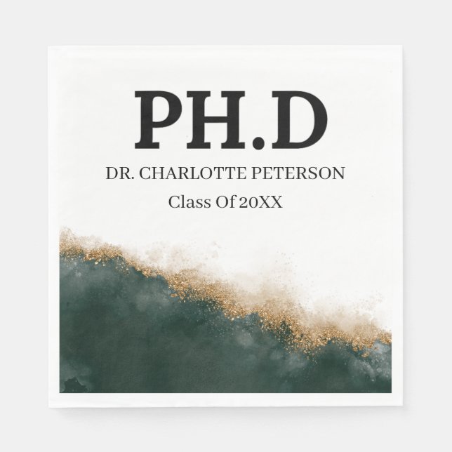 Dark Green Gold PhD Graduation Party Napkin (Front)