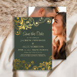 Dark Green Gold Swirls Photo Wedding Save The Date<br><div class="desc">Dark green wedding Save the Date accented with elegant and fun gold swirls and flourishes. Personalised with your information on the front and your photo on the back. Contact me for assistance with your customisations or to request additional matching or coordinating Zazzle products for your special occasions. The background colour...</div>