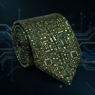 Dark Green Gold Tech Motherboard Pattern Tie