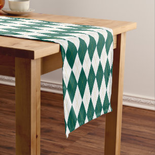 Dark Green   Gold   White Diamond Argyle Pattern Short Table Runner