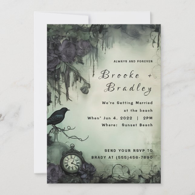Dark Green Gothic Timepiece Wedding Invitation (Front)