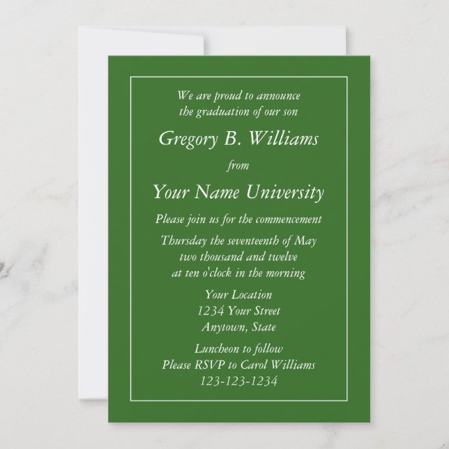 Dark Green Graduation Invitations or Announcements (Front)