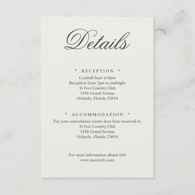 Dark Green Greenery Wedding Calligraphy Details Enclosure Card (Front)