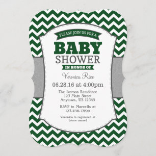 Dark Green Grey Chevron Baby Shower Invitation