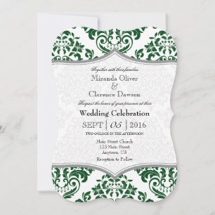 Dark Green Grey Damask Bracket Wedding Invite