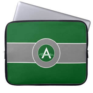 Dark Green Grey Monogram Personalised Laptop Sleeve