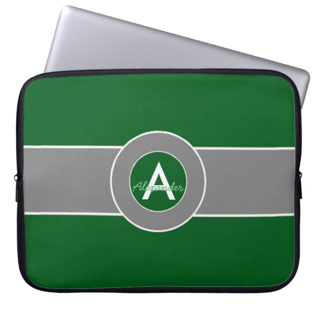 Dark Green Grey Monogram Personalised Laptop Sleeve (Front)