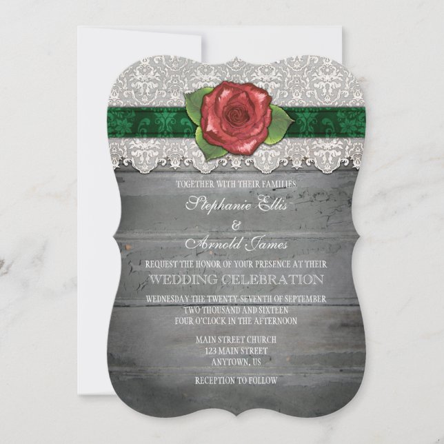Dark Green Grey Rustic Wood Rose Wedding Invite (Front)