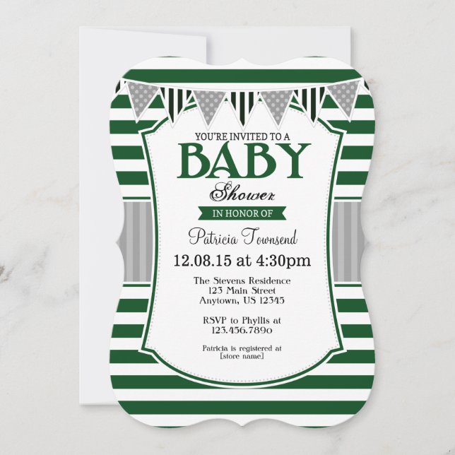 Dark Green Grey Stripes Baby Shower Invitation (Front)