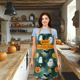 Dark Green Halloween with Ghosts, Pumpkins, Bats Apron