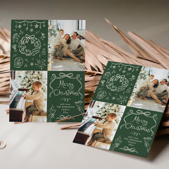 Dark Green Hand Drawn Bows Merry Christmas 2 Photo Holiday Card (Creator Uploaded)
