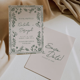 Dark Green Hand Drawn Floral Garden Boho Wedding Save The Date
