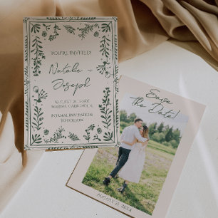 Dark Green Hand Drawn Floral Garden Photo Wedding Save The Date