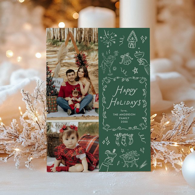 Dark Green Hand Drawn Icons Happy Holidays 2 Photo Holiday Card (Creator Uploaded)