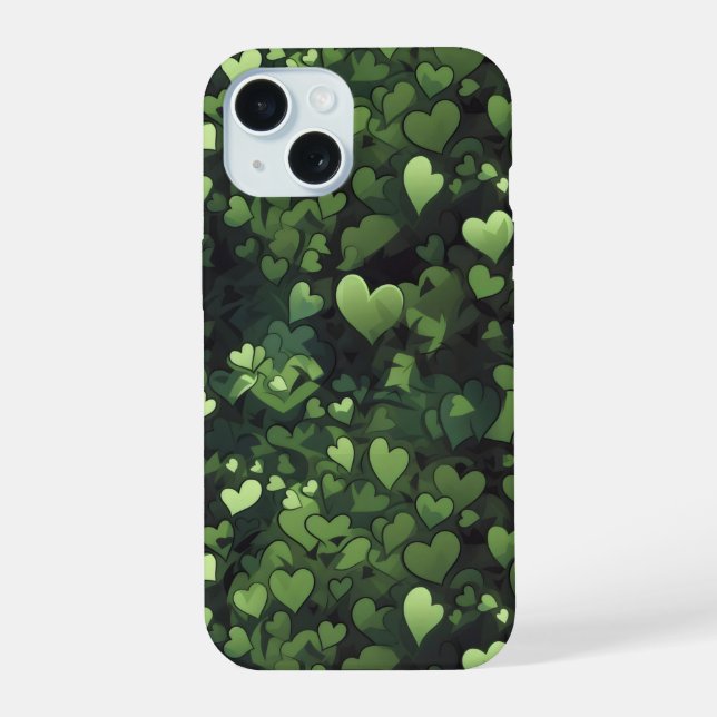 Dark Green Heart Pattern iPhone 15 Case (Back)