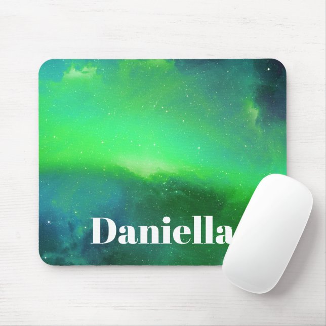 Dark Green Holographic Sky with Custom Name Mouse Pad (With Mouse)