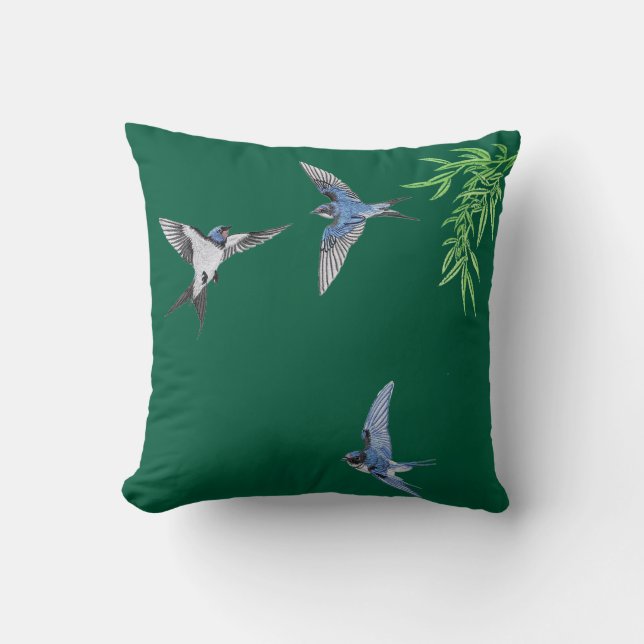 Dark green imitation embroidered bird throw pillow (Front)