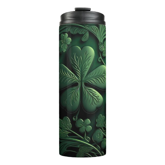 DARK GREEN INTRICATE IRISH CELTIC SHAMROCKS THERMAL TUMBLER (Front)
