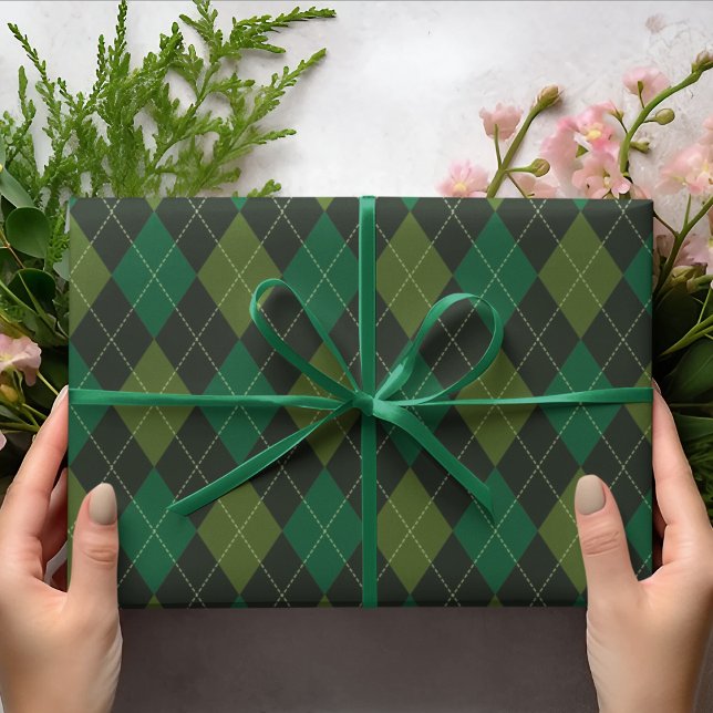 Dark Green Irish Argyle Diamond Pattern Wrapping Paper (Elegant Dark Green Argyle Pattern For Him. Irish Wedding, For the Groom, Groomsman, St Patrick's Day)