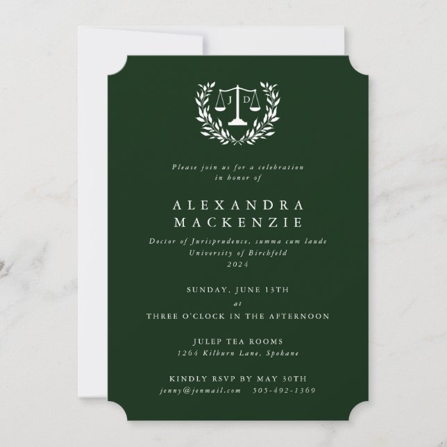 Dark Green JD Law Scales Laurel Wreath Graduation  Invitation (Front)