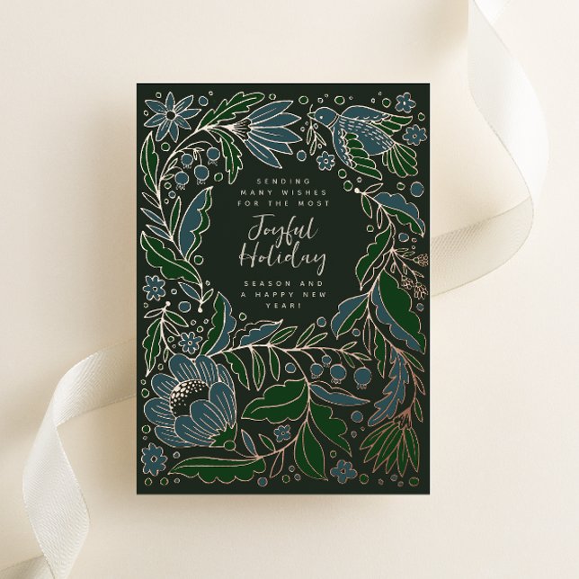 Dark Green Joyful Holiday Folk Illustration (Folk art style flowers, vines and a peace dove shine on this green festive non-photo Christmas card)