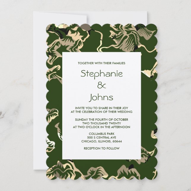 Dark Green Leafy Leaves Pattern Kraft Wedding Invitation (Front)