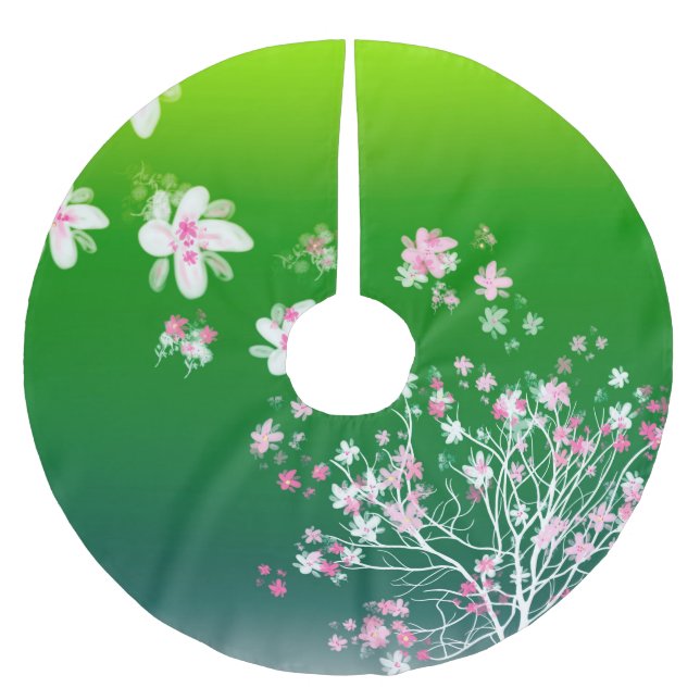 Dark green/light green ombre & cherry blossoms brushed polyester tree skirt (Front)