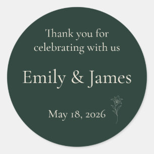 Dark Green Lily Personalised Wedding Thank You  Classic Round Sticker
