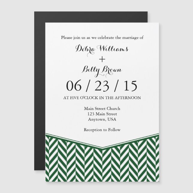 Dark Green Magnetic Herringbone Wedding Invite (Front/Back)